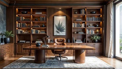 A luxurious home office with a large desk, leather chair, and floor-to-ceiling bookshelves filled with books and decor