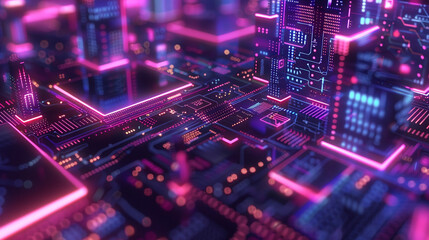 Obraz premium 3d neon microchip animation close spin