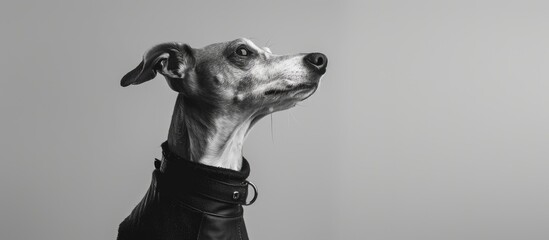 Noble portrait of a whippet wearing a black collar against a white background. Copy space image. Place for adding text and design