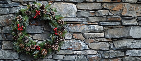 Christmas wreath adorned with natural decorations displayed on a rustic stone wall with copy space