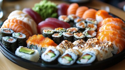 A large platter of assorted sushi, including nigiri, maki, and sashimi.