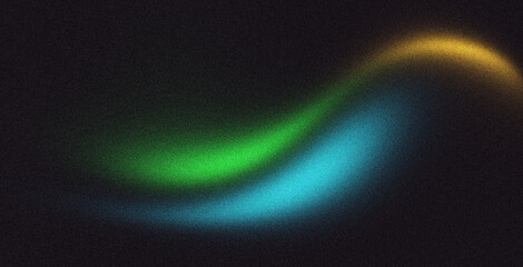Black grainy gradient background. Teal green purple abstract glowing wave flow noise texture cover header poster design