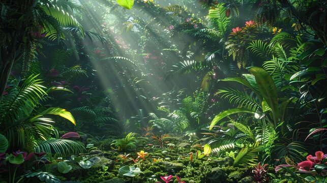 A dense, tropical rainforest floor covered in various species of ferns, moss, and flowering plants, with sunlight filtering through the canopy