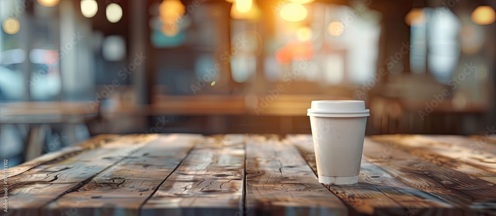 Poster empty cup on a wooden table with a blurred background. copy space image. place for adding text and d