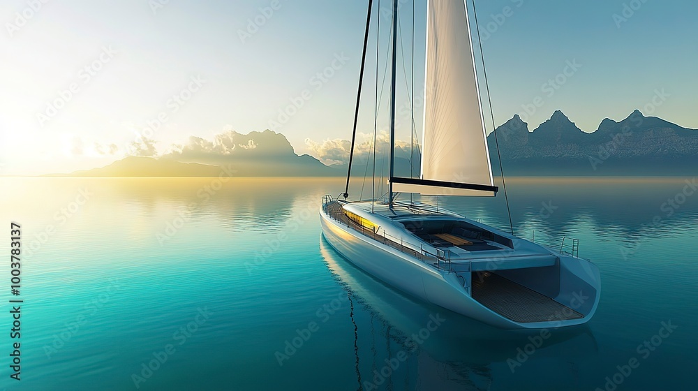 Canvas Prints Luxurious white sailboat with sleek design and towering mast glides effortlessly across calm turquoise water, majestic backdrop of distant mountain range fading into horizon 