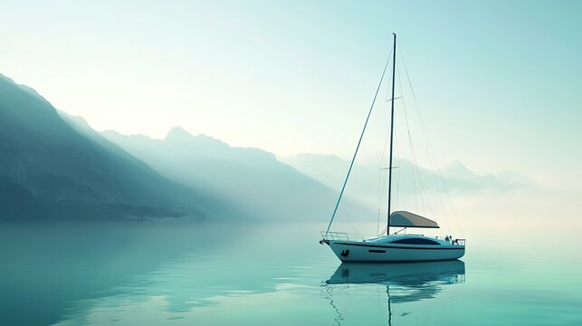 Luxurious white sailboat with sleek design and towering mast glides effortlessly across calm turquoise water, majestic backdrop of distant mountain range fading into horizon. 