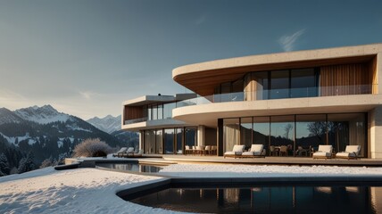 Fototapeta premium Modern architecture house with large windows overlooking snowy mountain range.