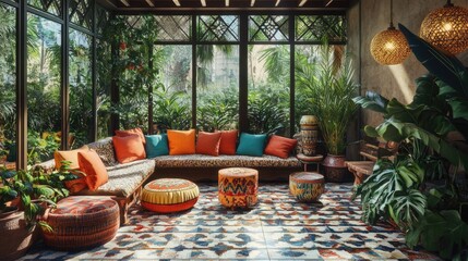 Fototapeta premium A sunroom filled with eclectic furniture