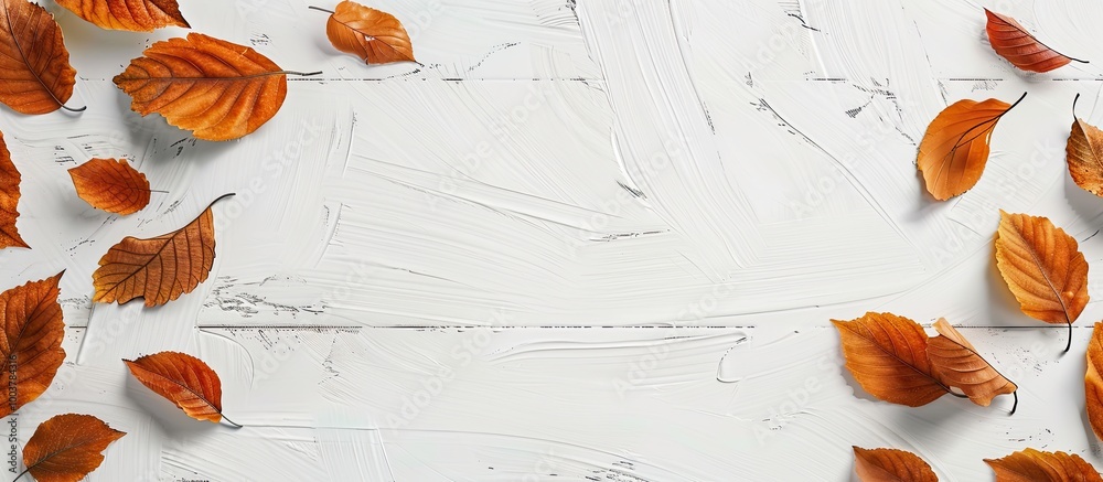 Sticker autumn leaves on a background of white wooden table. copy space image. place for adding text and des