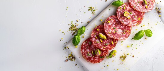 Slices of salami sausage with pistachio nuts arranged on a marble board Isolated against a white background Top view. Copy space image. Place for adding text and design