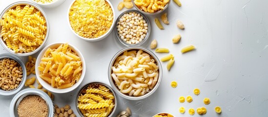 Collection of raw cereals grains pasta and canned food on a white table Copyspace Top view