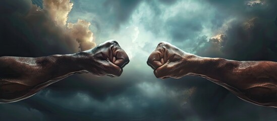 Boxing match close up of two fists striking each other against a dark dramatic sky with copy space