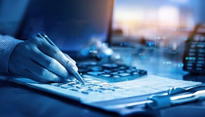 Business accounting concept, Business man using calculator with computer laptop, budget and loan paper in office.