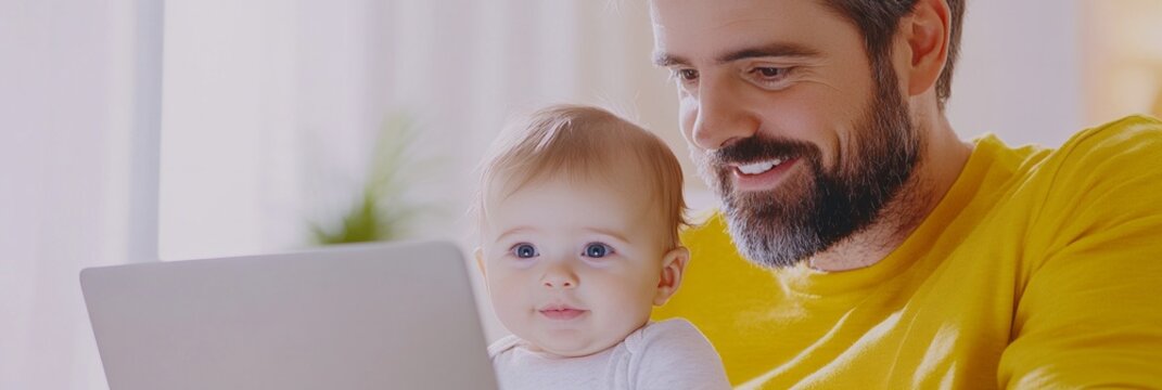 A smiling Caucasian father and his baby use a laptop together at home, showcasing a joyful moment