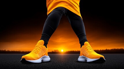 Ready to Run:  A low angle shot of a runner's feet in yellow sneakers, ready to take on the challenge of the day. The setting sun casts a warm glow on the asphalt.