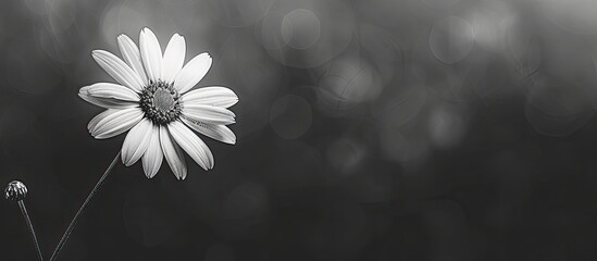 Macro close up of a daisy head flower with a blurred background isolated in black and white featuring a creative floral springtime theme. Copy space image. Place for adding text and design