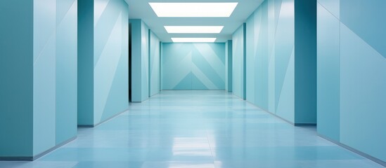 Obraz premium blue square wall and floor corridor lift walk way dead end hall room lamp light reflection geometric blue graffiti decoration interior