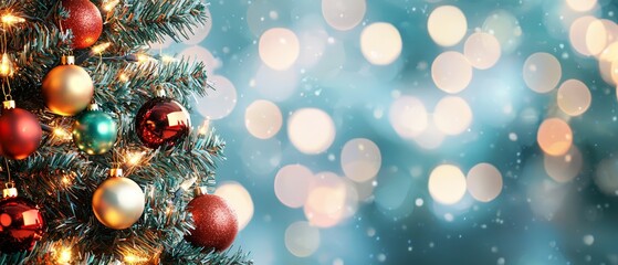 A tight shot of a Christmas tree, background softly blurred with twinkling lights and baubles