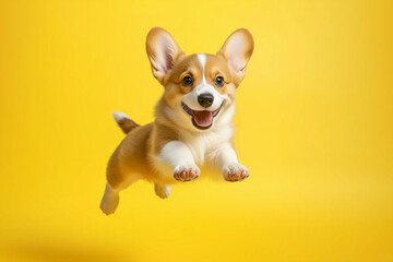 A joyful Corgi with short legs running across a soft pastel yellow background