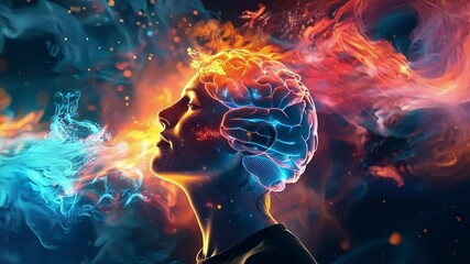 Woman with a serene expression is depicted with a glowing brain superimposed over her head, symbolizing enhanced cognitive abilities and the transformative power of neurotechnology