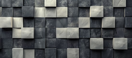 A textured black and white ceramic tile wall with various sizes creates a unique pattern ideal for a copy space image