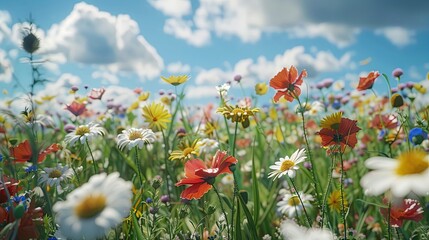 Fototapeta premium A stunning wildflower meadow with a mix of daisies, poppies, and other native flowers, swaying gently in the breeze under a bright summer sky