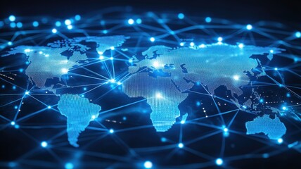 Global network connection with glowing lines and nodes on a dark background.