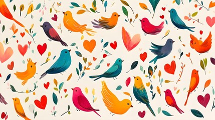 Naklejka premium A charming array of multicolored cartoon birds, hearts, and swirling leaves in a lively, rhythmic pattern on a crisp white background