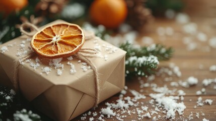 A handmade gift box wrapped in natural paper with dried orange slices, on a wooden table under a blanket of snow, evoking the spirit of eco-conscious holidays