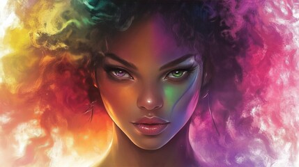 Colorful portrait of a woman with vibrant curly hair and glowing skin tones