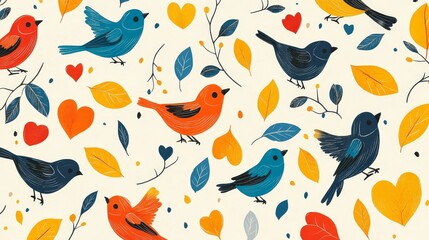 A lively pattern featuring cheerful cartoon birds in bold colors, fluttering between playful hearts and swirling leaves on a clean white canvas