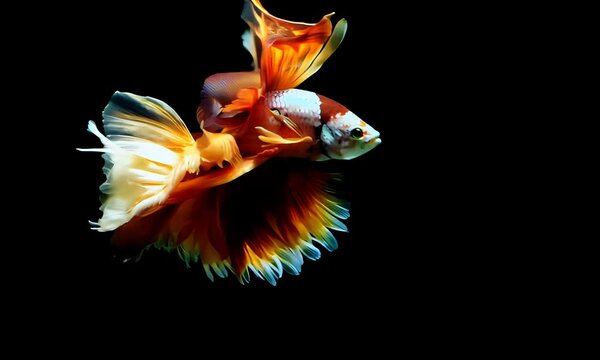 Betta Fish Elegance: A vibrant and captivating betta fish, boasting intricate fins in shades of orange, white, and yellow, gracefully glides against a dramatic black backdrop.