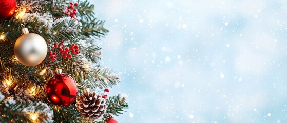 Obraz premium A tight shot of a Christmas tree adorned with red and golden baubles, accompanied by a pristine white ornament