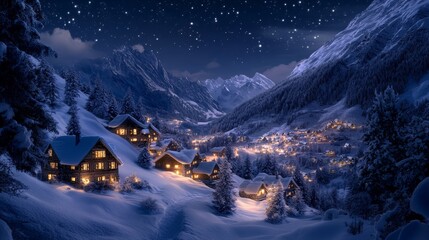 Fototapeta premium A picturesque winter night with softly lit, snow-covered houses nestled in a mountain valley, the night sky clear with stars shimmering brightly