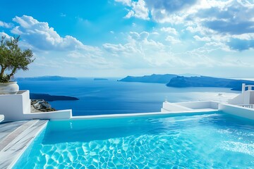 Swimming pool on terrace of luxury house, Santorini island, Greece