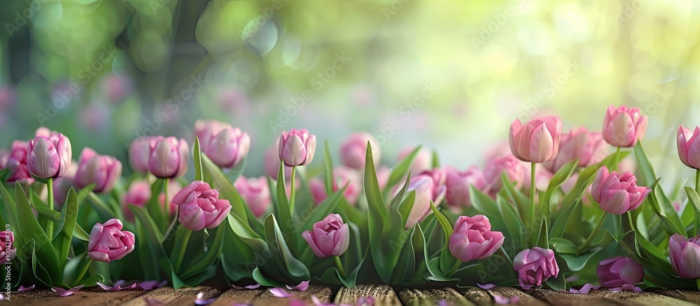 Poster close up view of a pink tulip garden. copy space image. place for adding text and design