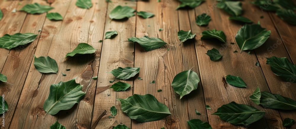 Wall mural arrange the leaves on the wooden floor. copy space image. place for adding text and design