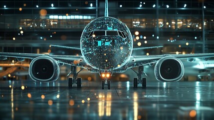 Obraz premium Commercial Jet with Digital Data Overlay. Aerial front view of a commercial jet at an airport with a complex digital data overlay. 