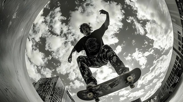 Fototapeta Skateboarder in the Sky: A Black and White View of Urban Action