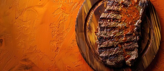 Grilled medium rare machete or skirt beef steak on a wooden cutting board Orange backdrop Top view Copyspace