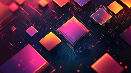 Abstract background of floating squares, metallic textures, vivid neon colors, modern and futuristic vibe, layered composition