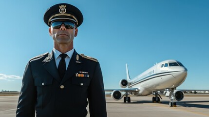 A confident pilot stands in uniform before a private jet on a sunny runway.