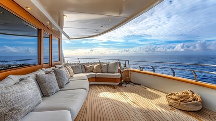 cabin cruiser with comfortable seating and a beautiful ocean backdrop  