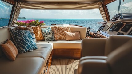 cabin cruiser with comfortable seating and a beautiful ocean backdrop  