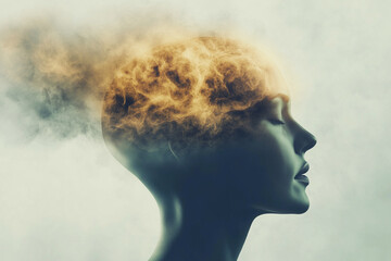 A conceptual image of a woman with smoke and flames emerging from her head symbolizing creativity.