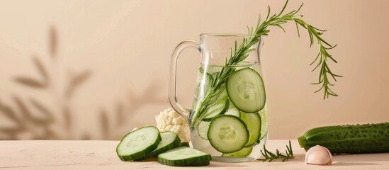 White table with a pitcher of cucumber water and rosemary surrounded by vegetables set against a beige backdrop provides ample copy space for adding text
