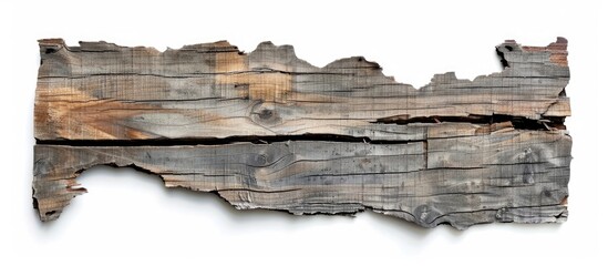 Eroded edge of a wooden plank on a white background with copy space
