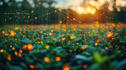 Abstract Green Nature Background with Golden Light and Data Line Graph