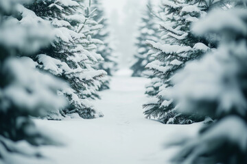 Fototapeta premium Snow-covered path through evergreen trees in a winter forest