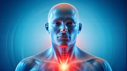 Man with glowing sore throat symbol in blue medical illustration.